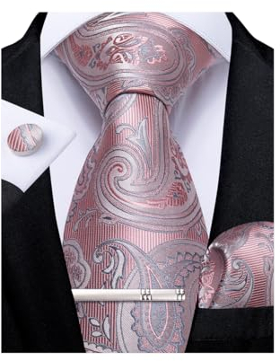 DiBanGu Herren Rosa paisley Krawatte Set mit Einstecktuch Manschettenknöpfe Krawattenklammer Set Formelle Geschäftsfeier