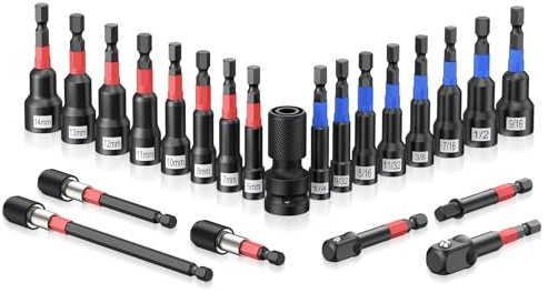 GETLITOOL Llave de Tuercas Destornilladores de Tuerca Magnético para Taladro de 23piezas de Cr-V de Acero Métrico 6150 6-14 mm Vástago Hexagonal de 1/4 con Adaptador 3/8 1/2, Portabroca
