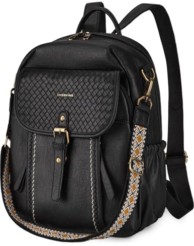 Missnine Women Backpack,PU Leather Ladies Fashion Multi-pocket Backpack for 13 Inch Laptop,Convertible Shoulder Bag with Secured Zippers for Daily Holidays,Black