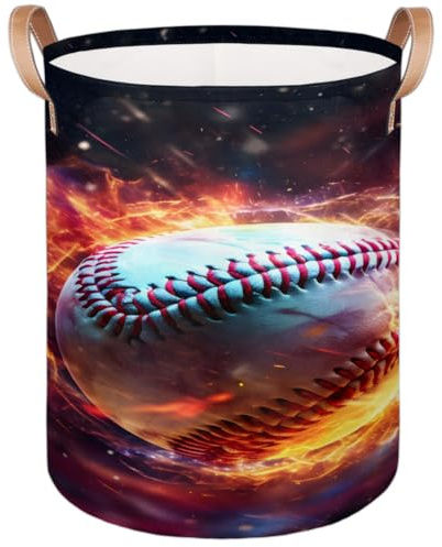 Leather Baseball Fire Round Laundry Basket with Handles 70L Large Laundry Hamper Collapsible Polyester Dirty Clothes Storage Bucket Tall Organizer Basket for Nursery Bathroom Decor