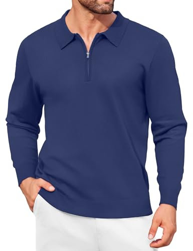 COOFANDY Herren Polokragen Pullover Half Zip Pullover Leichte Langarmshirt Freizeit Business Polo Blau L