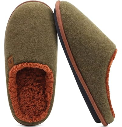 KuaiLu Mens House Memory Foam Slippers with Comfy Warm Plush Lining Slip On Felt Casual Pantuflas Mans Comfortable Bedroom Shoes Rubber Sole for Indoor Green Brown Size 11