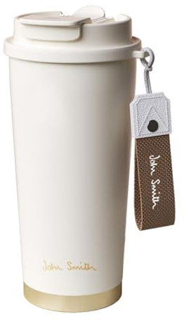 John Smith Travel Mug Insulated with Ceramic Coating, 16oz Stainless Steel Coffee Tumbler Spill-Proof Flip Lid Leak-Proof, Keeps Coffee Hot/Cold for Hours, Ideal for Office Commute Camping (White)