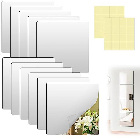 UBJUBT 12 Pack Self Adhesive Mirrors, Thickened Acrylic Mirror Tiles, Stick On Wall Mirrors Sheets Removable with Stickers, High Clear for Bathroom, Bedroom, Door, Home Decoration(15x15cm)