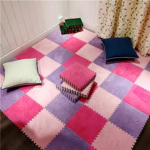 Tappetino in Schiuma di Peluche, 10 Pezzi di tappeti ad Incastro, Piastrelle per Pavimenti in Peluche da 12 x 12 Pollici, Tappetino con Bordi e Tappetino da Gioco in Schiuma Puzzle, piastrel