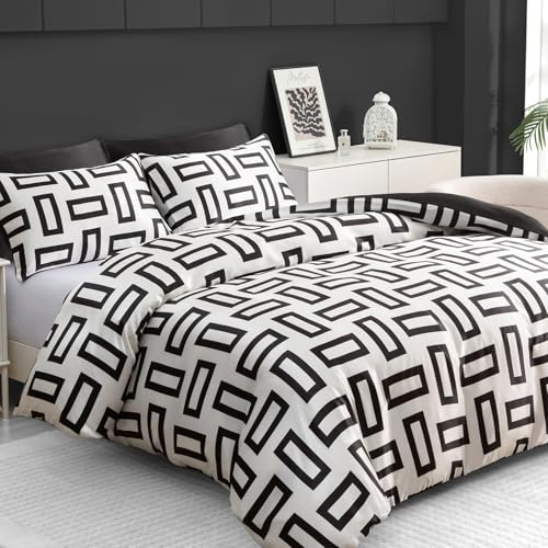 Pamposh Set copripiumino reversibile in raso di seta premium Set di biancheria da letto di qualità alberghiera con chiusura a cerniera (Nero e Bianco, King (230 x 220 cm))