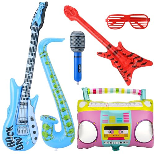 GSrenyu 6 Pcs Inflatable Guitar Inflatable Microphone Party Props Photo Booth Props with Glasses Guitar Bass Saxophone Radio Musical Instruments Accessories for 80s 90s Themed Disco Party Birthday