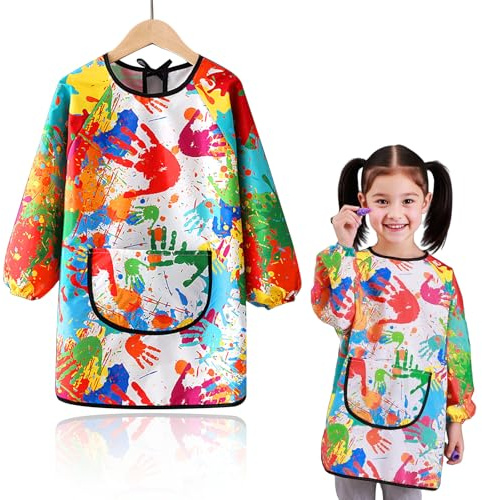MHYMX Painting Apron, Waterproof Art Smock Long Sleeve Graffiti Aprons 120-140cm Colorful Art Apron with Pocket ffor Age 7-12 Years Girls Boys