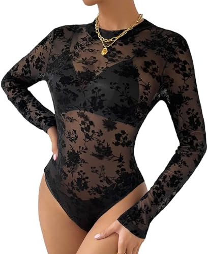 ROSVAJFY Women's Mesh Bodysuit, Black Transparent Floral Print Long Sleeve Flocked Leotard Top for Casual, Club, Concerts (Black, M)