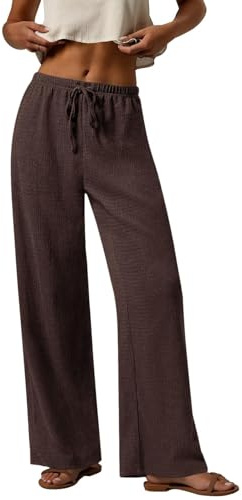 PRETTYGARDEN Womens Lounge Pants with Pockets High Waist Drawstring Summer Wide Leg Trousers Women Beach Vacation Clothes (Brown, Medium)