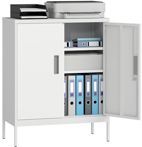 HOMCOM Aktenschrank, abschließbar Büroschrank mit 2 Türen, 2 höhenverstellbaren Einlegeböden, Schloss, Aufbewahrungsschrank aus Stahl, für Büro, Arbeitszimmer, 80 x 40 x 100 cm, Weiß
