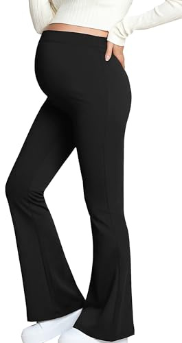 FEOYA Premaman Donna Leggings Flare Palestra Gravidanza Donna Pantaloni Eleganti Yoga Premaman Leggings Sportivi Elasticizzati A Vita Alta Lunghi Basic Primavera Nero M