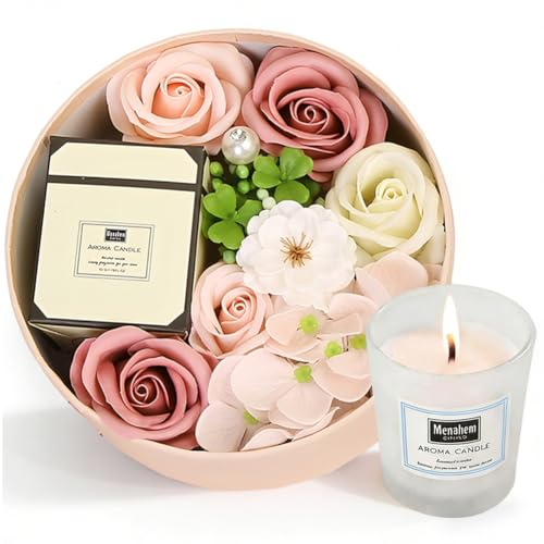 Set de jabones florales en caja de regalo con vela perfumada para mujer Jabones florales de rosas Caja redonda Flores de baño para mujer Personalizado Cumpleaños Aniversario de boda San Valentín