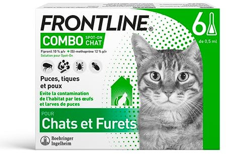 FRONTLINE Combo Chat - Anti Puces, Tiques & Poux broyeurs - Contre Larves & Œufs de puces - Elimine & Tue - Protège L'Animal & L'Habitat - Fabriqué En France - 6 Pipettes