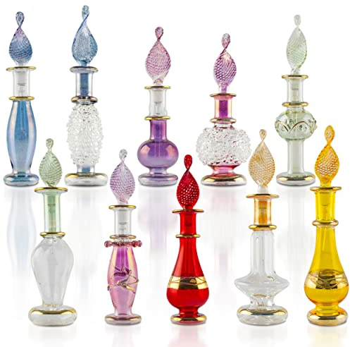 CraftsOfEgypt Genie Blown Glass Miniature Perfume Bottles for Perfumes & Essential Oils, Set of 10 Decorative Vials, Each 2 High (5cm), Assorted Colors (Set of 5)