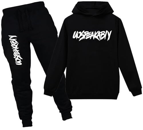 amropi Jungen Hoodie Trainingsanzug Sweatshirt Top und Jogging Hose Kleidungsset (Schwarz, 11-12 Jahre)