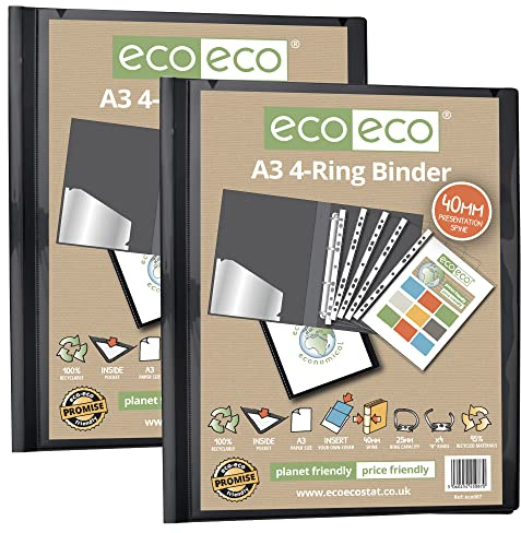 eco-eco Eco087x2 - Raccoglitore ad anelli, formato A3, 95% riciclato, 4D, colore nero, confezione da 2 cartelle