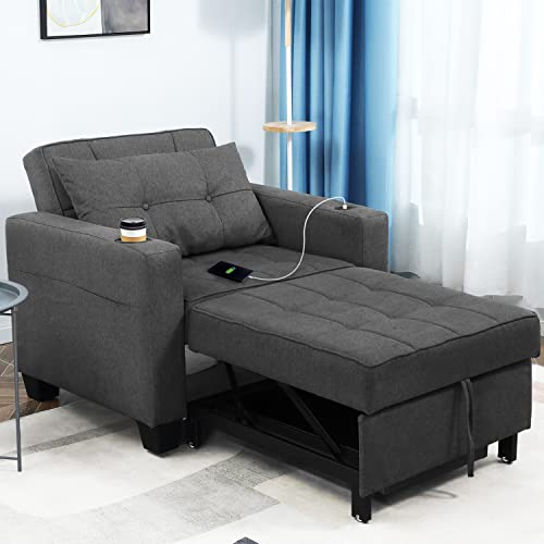 DURASPACE Schlaferstuhl, 3-in-1 umwandelbarer Stuhl Bett, ausziehbarer Schlafsessel, Schlafsofa mit USB-Anschlüssen, Seitentasche, Getränkehalter für kleinen Raum (Dunkelgrau)