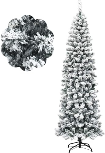 COSTWAY 225 cm konstgjord penna julgran, obelyst snötäckt gångjärnsträd med premium PVC-nålar och robust hopfällbar metallstativ, smal julgran med 641 grenar för heminredning, lätt att montera (225 cm)