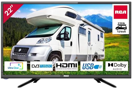 RCA iRB22H3C Televisore 22 Pollici (TV 56 cm), Dolby Audio, DVB-C/T2/S2, VGA, HDMI, USB, Uscita Audio Digitale, Modalità Hotel, 230V &12V Adattatore per Auto, Opzionale per Camper e Roulotte