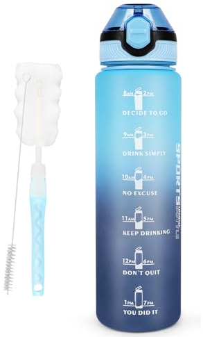 AOHAN Bouteille d'eau de 1 L sans BPA avec paille, passe au lave-vaisselle, couvercle anti-fuite, bouteille d'eau motivante avec marquages de temps, non toxique