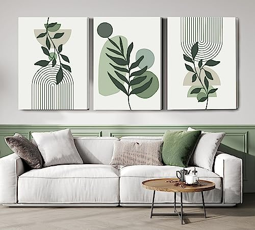 Induslyfe Large Framed Boho Canvas Wall Art Set of 3, Mid Century Modern room Decor, Minimalist Sage Green Botanical Boho Bathroom wall art 18x24 Abstract Geometric Canvas Prints Ready To Hang Bedroom
