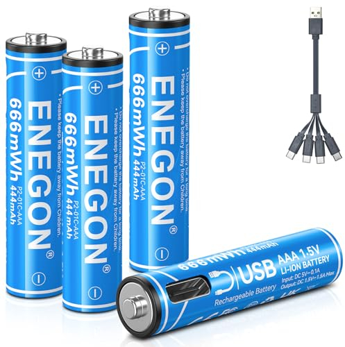 ENEGON Pilas AAA USB-C (4 Unidades) 925 mWh 1,5 V AAA Recargables de Iones de Litio con Cable de Carga 4 en 1, Carga Directa a través de Tipo C, no Requiere Cargador, Fuente de alimentación de Larga