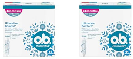 o.b. ProComfort Mini, Tampons für leichte/mittlere Tage, mit SilkTouch Oberfläche für ultimativen Komfort & zuverlässigen Schutz (64 ST) (Packung mit 2)