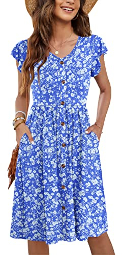 MOLERANI Women Summer Dresses Ruffle Sleeve V Neck Casual Swing Elastic Waist Midi Dress with Pockets Pockets Bright Blue White Floral L
