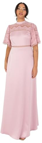 Maya Deluxe Women's Ladies Maxi Dress Flutter Sleeve Round Neck Lace Trim Satin for Wedding Guest Evening Occasion Prom Ball Gown, Vestito Donna, Blush Pink,