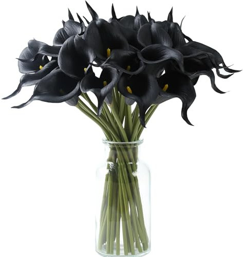 SITUMEIZI 24 flores artificiales negras de lirio de cala de seda, tacto real para el día de la madre, hogar, cocina, ramo de boda, decoración de oficina
