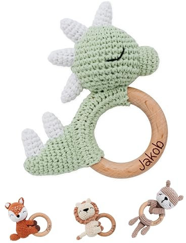 Bärenfreunde® - Personalisierter Beißring Baby - Niedlicher Greifling für Baby's ab 0 Monate - Babyrassel mit Name als Baby Geschenk für Mädchen und Jungen (Dino grün liegend,mit Name)