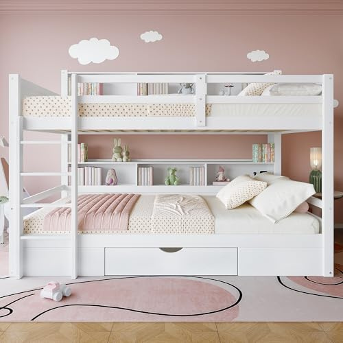 Rtopsu Letto per Bambini a Castello 90x200 cm, Letto a Soppalco con Cassetti Contenitore e Scala, Struttura Letti con Ripiani e Rete a Doghe in Legno, Letti per 2 Ragazzi, Bianco, Senza Materasso