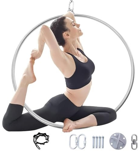 Aerial Hoop Set, Turnringe, Gymnastikringe, Professional Aerial Hoop, 80cm/85cm/90cm/95cm Edelstahl Single Point Aerial Ring Equipment mit kompletter Rigging Hardware, Aerial Yoga Hoop Sling(80cm)