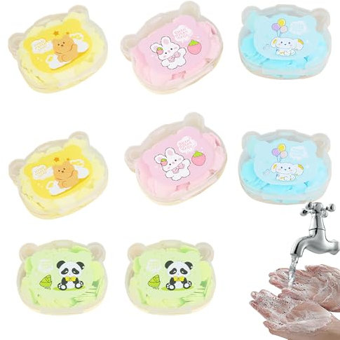 BEKKLPOU 8 Scatole Fogli di Sapone Portatili, Sapone in Fogli da Viaggio Mini Scaglie di Sapone Sapone di Carta, Adatto per Viaggi Campeggio Ed Escursioni（Forma a Petalo 4 Profumazioni）