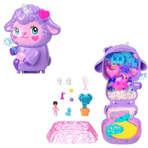 Polly Pocket Puppen und Spielset, Traumland-Schatulle in Lammform, Reisespielzeug mit 1 Minipuppe, Haustier-Einhorn, Futter- und Stylingzubehör, JCB15