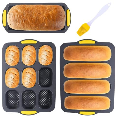 BigKing 3 moldes para baguette, bandeja para hornear, bollos y baguette con pincel de aceite, fácil de limpiar, revestimiento antiadherente, bandeja para baguette