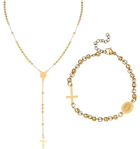 MILAKOO Chapelet Perles Collier et bracelet catholiques pour femmes hommes 2 pièces en acier inoxydable Chaîne à maillons Bracelets avec boîte cadeau
