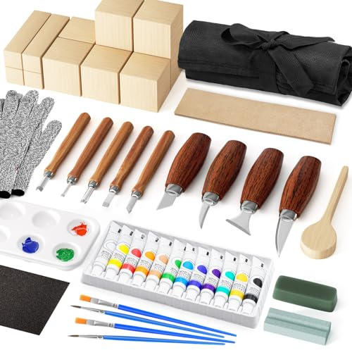 Kit de sculpture sur bois, ensemble d'outils de sculpture sur bois avec couteaux de sculpture, couteaux, blocs de tilleul, gants, kit de coloration de composé de polissage, kit de blanchiment du bois
