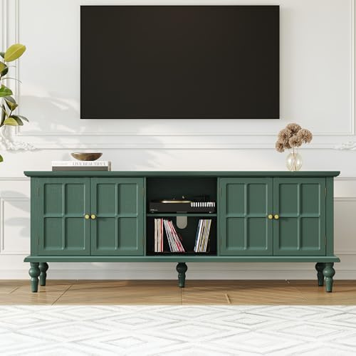 3More 67 Mid Century Modern TV Stand with Window Design,Wood Entertainment Center with Open Shelf,Up to 70 Media TV for Living Room or Bedroom,Green