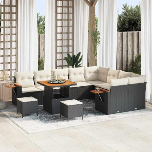 Frdhee Loungesofa Couch Gartenlounge Sofa,Garten Sofa Set mit Kissen 12 pcs Schwarz Poly Rattan,Für Garten Balkon Terrasse Outdoor,Ergonomisches Design