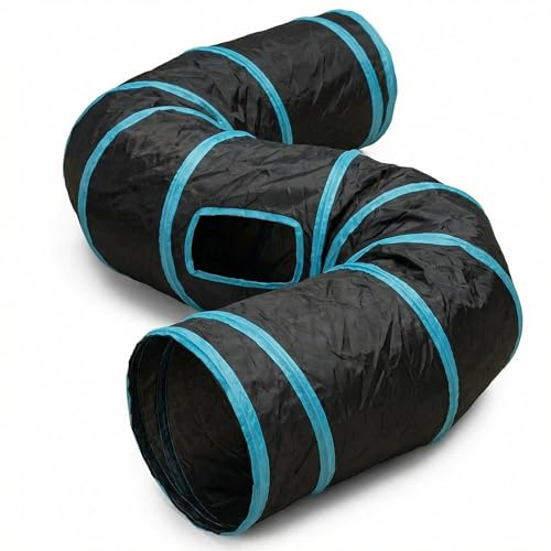 S-Shaped Cat Tunnel, 48.5 inches Long & 10 inches Diameter Collapsible Tube for Indoor Cats, Durable Polyester with Steel Wire Frame, Black & Blue Interactive Play Tunnel