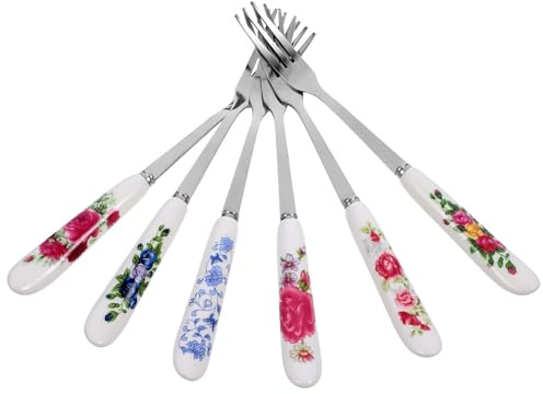 VOSAREA Forchettine da Dessert Multi-funzione Set 6 in Acciaio Inossidabile Manico in Ceramica Ergonomico per Frutta e Torte in Casa