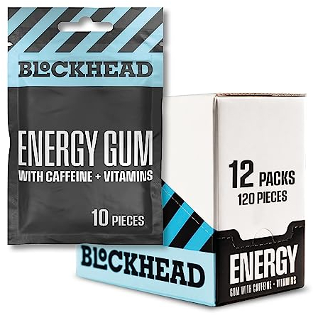 BLOCKHEAD Energy Pfefferminz-Kaugummi - 12 Packungen mit je 10 Stück (insgesamt 120 Stück), Koffein, Niacin, Vitamine B1, B5, B6 & B12 - Kalorien- & Zuckerfrei… (Ginseng)