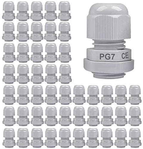 Gebildet 50Pcs PG7 Kabelgenomföring, Plast IP68 Vattentät Justerbar 3-6,5 mm Kabelgenomföring med Packningar, M12 x 1,5 Trådkontakt, Kabelskydd (Vit)