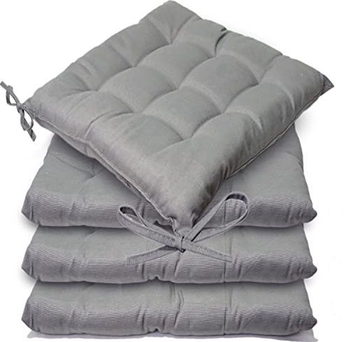 Casabella Pack of 4 Seat Pad for Dining Chair Garden Kitchen Chair Cushion With Tie On_9 Stitch_Silver Indoor/Outdoor Comfortable chair pads for Kitchen seat pads 9 stitch cushions