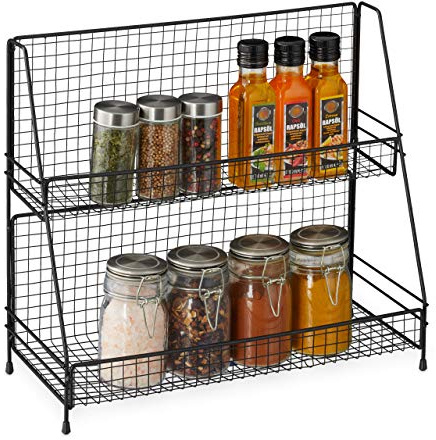 relaxdays Étagère à épices, 2 Niveaux, métal, Rangement pour Herbes, Autonome, présentoir HxLxP 35 x 40 x 16 cm, Noir