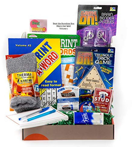 Get Well Soon Gifts for Men Beat the Boredom Box Activities Gift Basket Non Food Tricky Triangle Game Metal Brain Benders Crossword and Word Find Playing Cards Thermal Socks Lip Balm Hand Cream Tissue