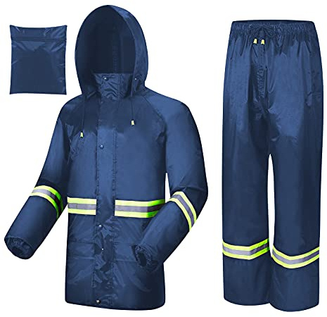 AMKsedom Rain Suits for Men Women Waterproof, Breathable Rain Coats with Eye-Catching Reflective Strip, Durable Rain Gear (Medium, Blue)