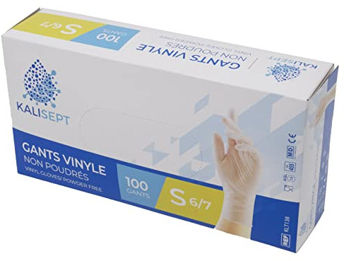 KALISEPT INTCO - boite de 100 - Gants Vinyle médical et de l’industrie de haute qualité, normes en vigueurs. (non poudrés)